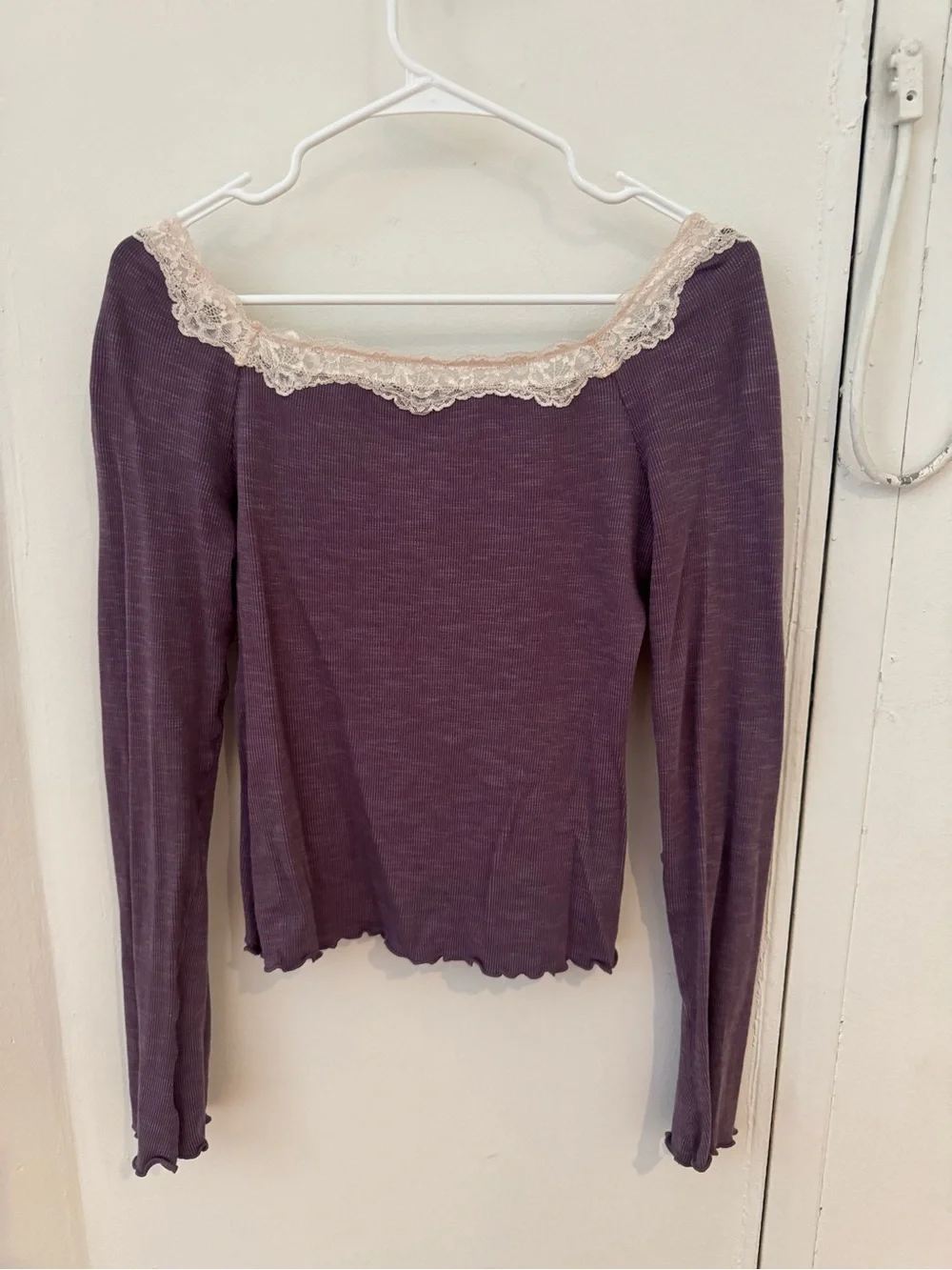 Free People Plum Long Sleeve Top with Cream Lace Trim